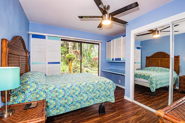 bedroom with hardwood / wood-style floors and ceiling fan