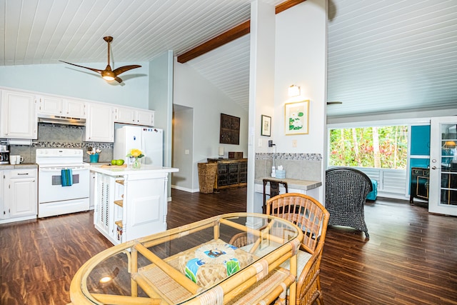 dining space featuring beam ceiling, high vaulted ceiling, dark wood-type flooring, and wood ceiling