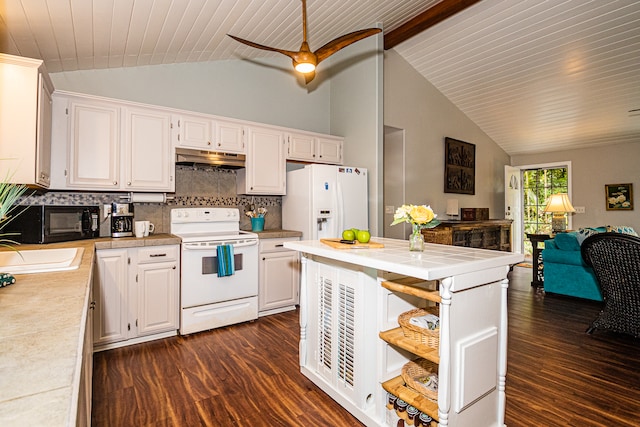 kitchen featuring white cabinets, beam ceiling, white appliances, and dark wood-type flooring