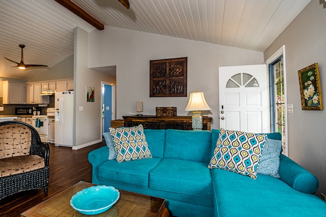 living room with ceiling fan, lofted ceiling with beams, wood-type flooring, and wood ceiling