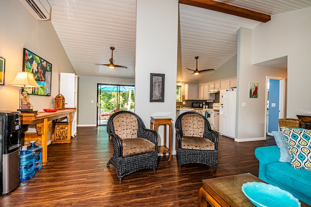 living room with ceiling fan, dark hardwood / wood-style flooring, a wall unit AC, and high vaulted ceiling