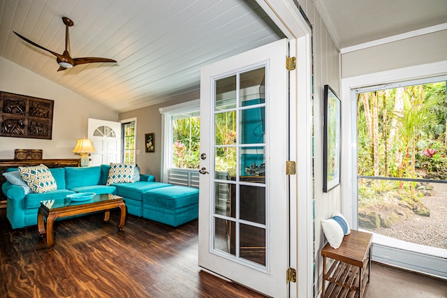 sunroom featuring french doors, ceiling fan, and lofted ceiling