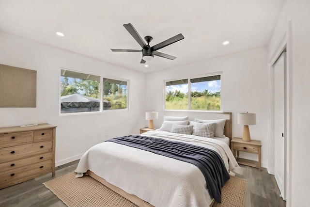 bedroom featuring ceiling fan, a closet, and hardwood / wood-style flooring