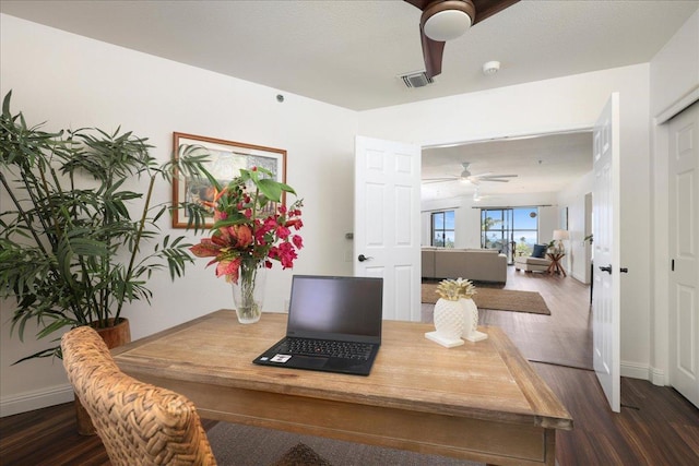 dining room featuring ceiling fan and dark wood-type flooring