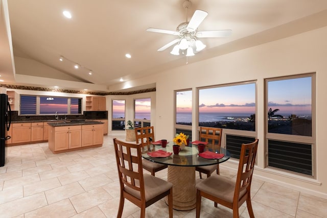 dining room with light tile patterned floors, recessed lighting, a ceiling fan, and vaulted ceiling