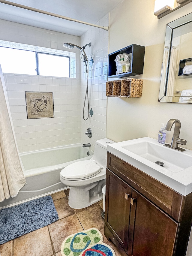 full bathroom with tile patterned floors, shower / bath combination with curtain, toilet, and vanity