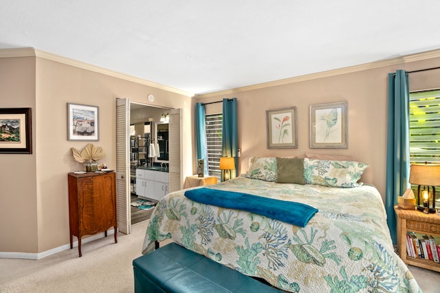 bedroom with light carpet, ensuite bath, and ornamental molding