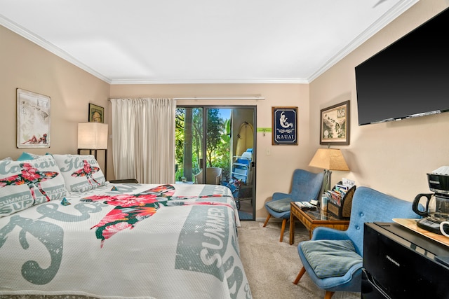 bedroom featuring access to exterior, crown molding, and light colored carpet