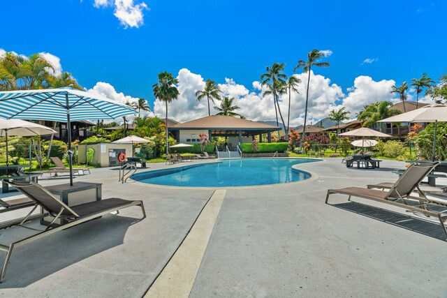 view of swimming pool featuring a patio area