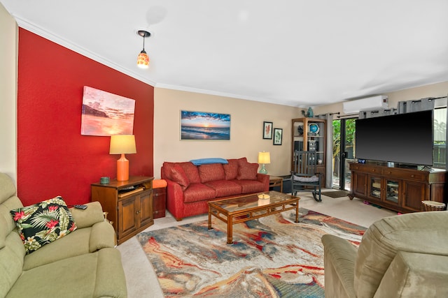 carpeted living room featuring an AC wall unit and ornamental molding