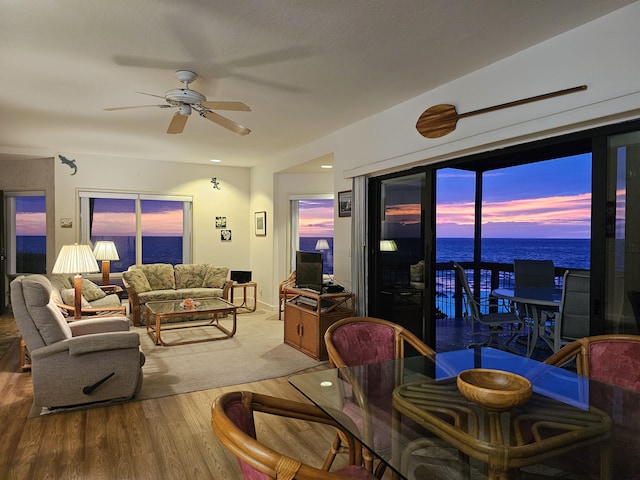 living room with hardwood / wood-style floors and ceiling fan