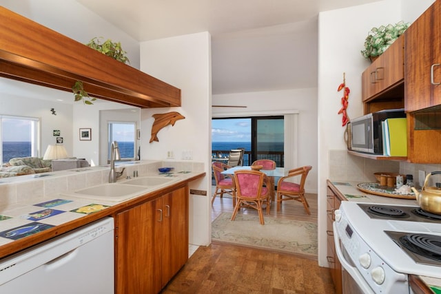 kitchen featuring dark hardwood / wood-style flooring, a healthy amount of sunlight, and white appliances