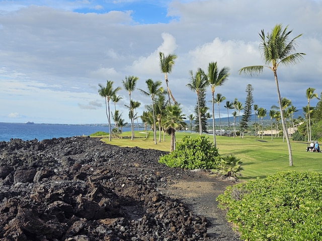 view of property's community with a water view and a lawn