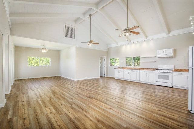 unfurnished living room featuring beamed ceiling, light hardwood / wood-style floors, and high vaulted ceiling