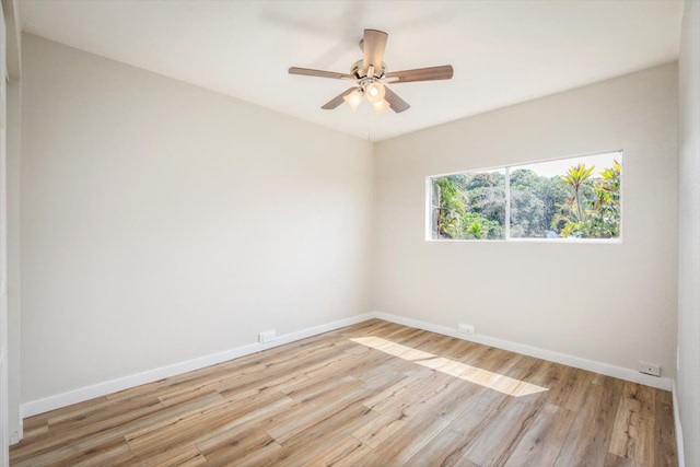 unfurnished room with ceiling fan and light hardwood / wood-style flooring