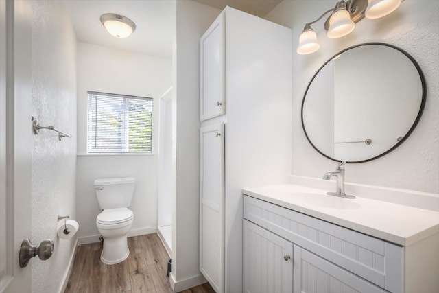 bathroom featuring vanity, toilet, and wood-type flooring