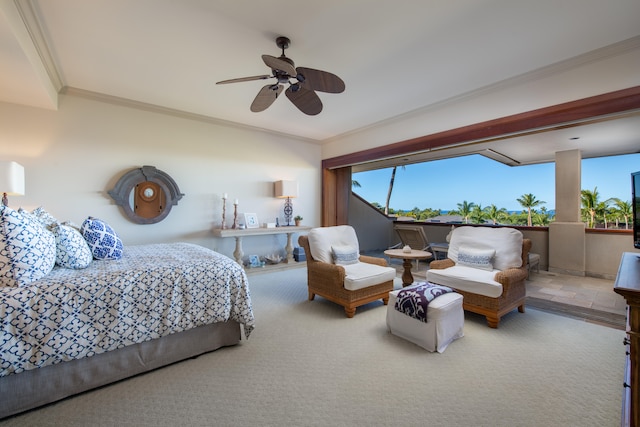 carpeted bedroom with ceiling fan and crown molding