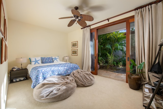 bedroom with carpet, access to outside, and ceiling fan