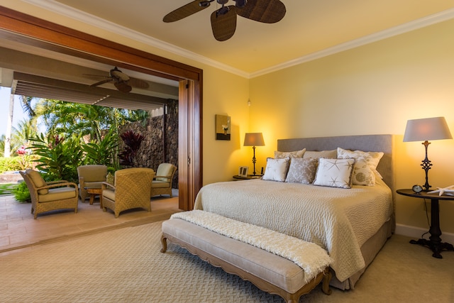 bedroom featuring carpet flooring, ceiling fan, and ornamental molding