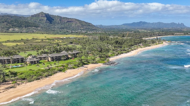 bird's eye view with a view of the beach and a water and mountain view