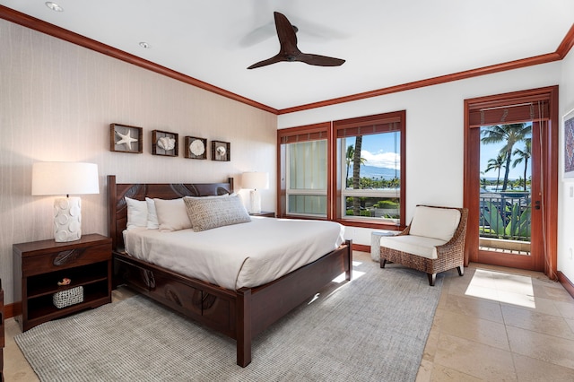 bedroom with ceiling fan and crown molding