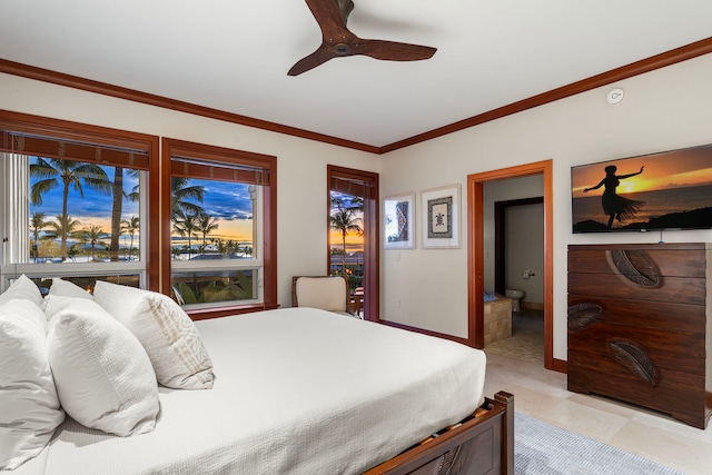 bedroom with ceiling fan, ensuite bath, and crown molding