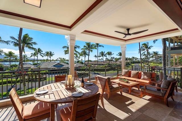 view of patio / terrace featuring ceiling fan, a balcony, and outdoor lounge area