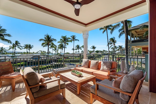 view of patio featuring ceiling fan, outdoor lounge area, and a balcony