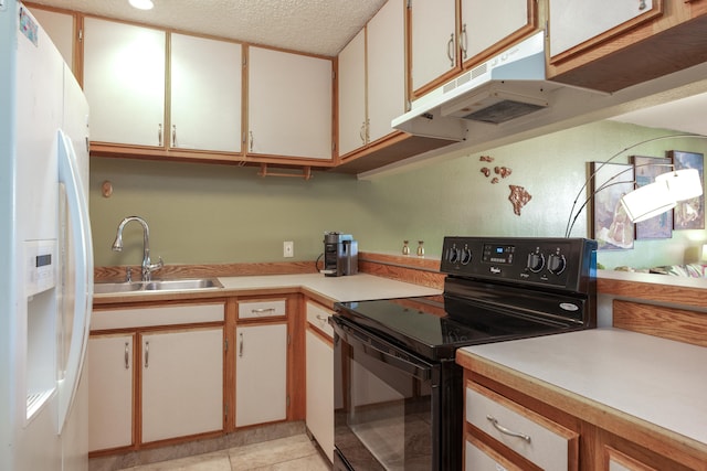 kitchen with white cabinets, sink, light tile patterned floors, white fridge with ice dispenser, and black range with electric cooktop