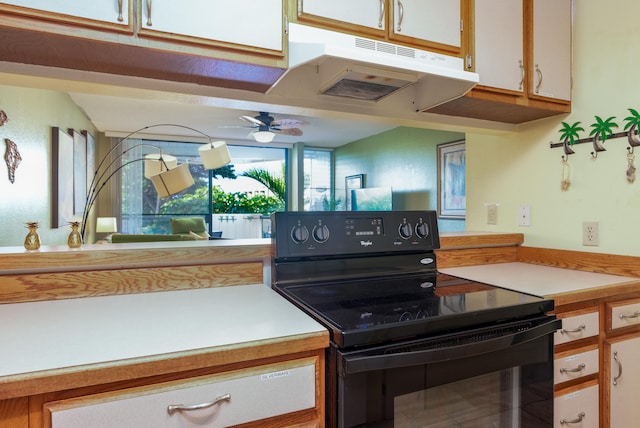 kitchen with white cabinets, electric range, ventilation hood, and ceiling fan