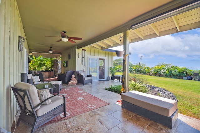 view of patio with ceiling fan, an outdoor hangout area, and french doors