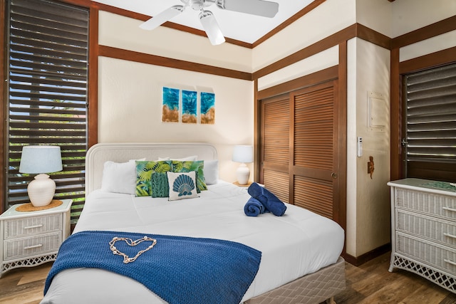 bedroom featuring ceiling fan, dark hardwood / wood-style flooring, and a closet