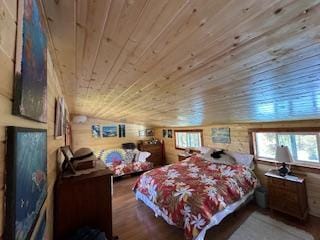 bedroom with wooden ceiling and wood walls