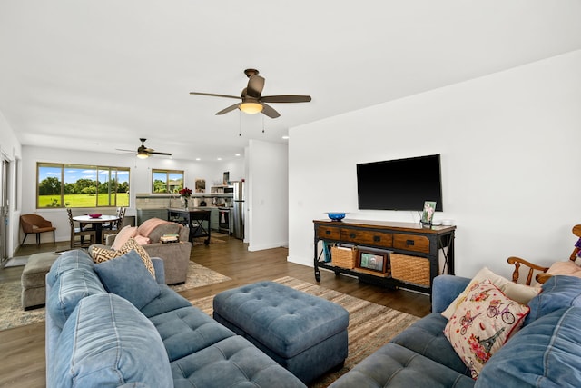 living room with hardwood / wood-style flooring and ceiling fan