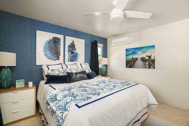 bedroom with a wall mounted air conditioner, ceiling fan, and light colored carpet