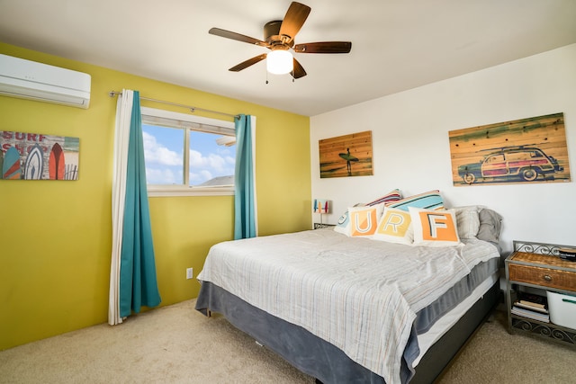 bedroom featuring a wall mounted air conditioner, ceiling fan, and light colored carpet