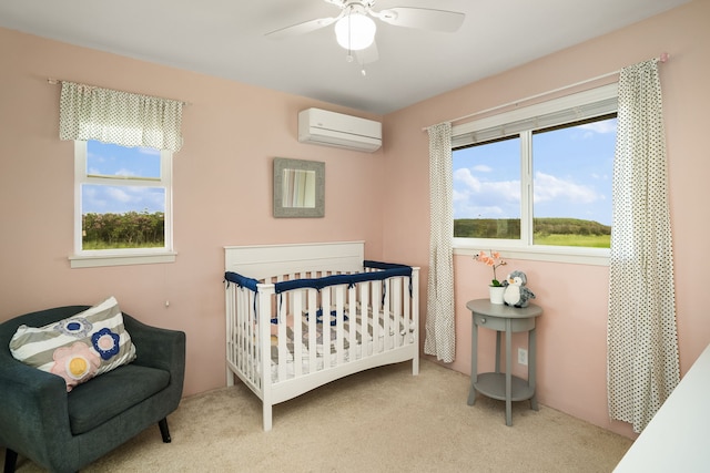 bedroom featuring ceiling fan, light colored carpet, an AC wall unit, and multiple windows