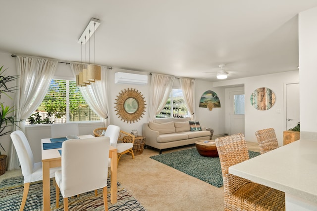 carpeted living room featuring a wall mounted air conditioner and ceiling fan