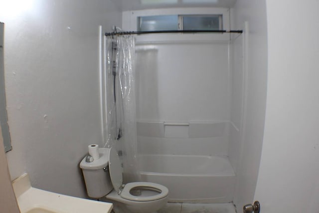 full bathroom with vanity, toilet, and shower / bathtub combination with curtain