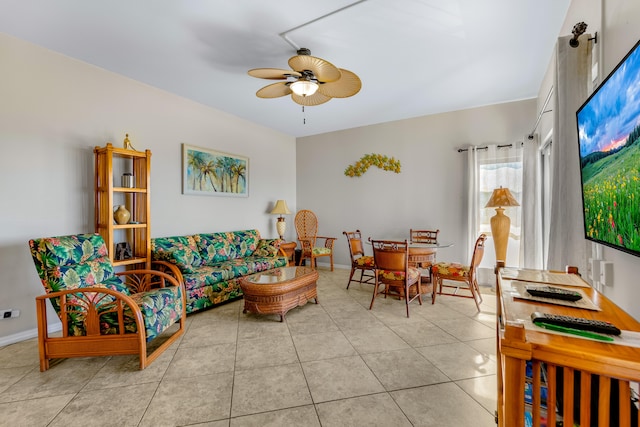 living room with light tile patterned floors and ceiling fan