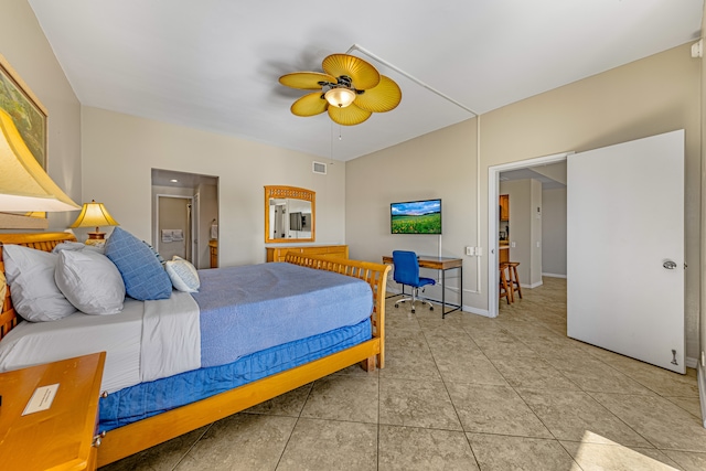 bedroom featuring ceiling fan and tile patterned flooring