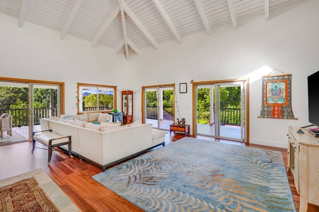 living room featuring hardwood / wood-style flooring, plenty of natural light, high vaulted ceiling, and french doors