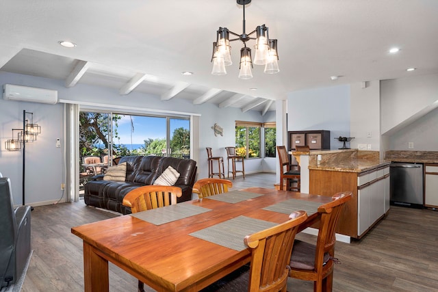 dining room featuring a wall unit AC, vaulted ceiling with beams, a chandelier, and dark wood-type flooring