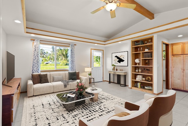 living room featuring vaulted ceiling with beams, ceiling fan, and light tile patterned floors