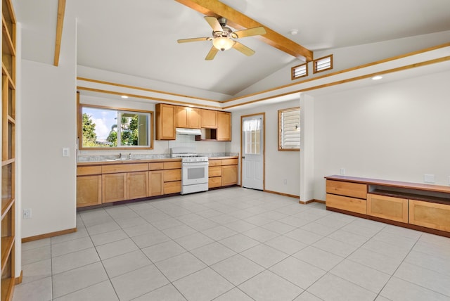 kitchen with ceiling fan, sink, light tile patterned floors, white range with gas stovetop, and vaulted ceiling with beams