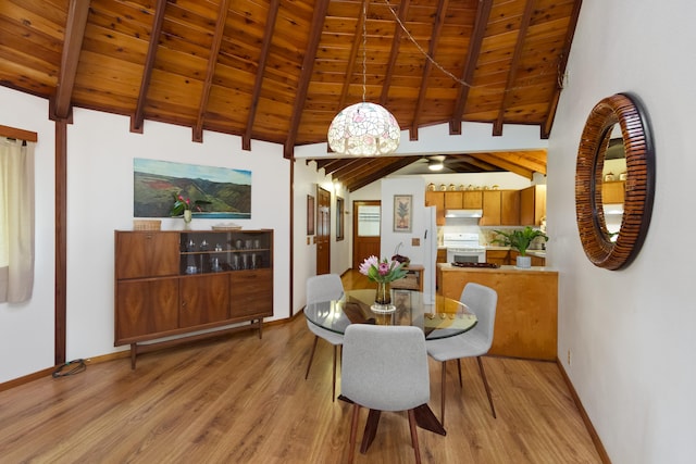 dining room featuring wooden ceiling, light hardwood / wood-style floors, and vaulted ceiling with beams