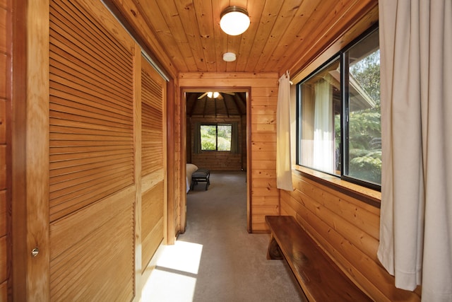 hall featuring wood walls, wooden ceiling, and carpet flooring