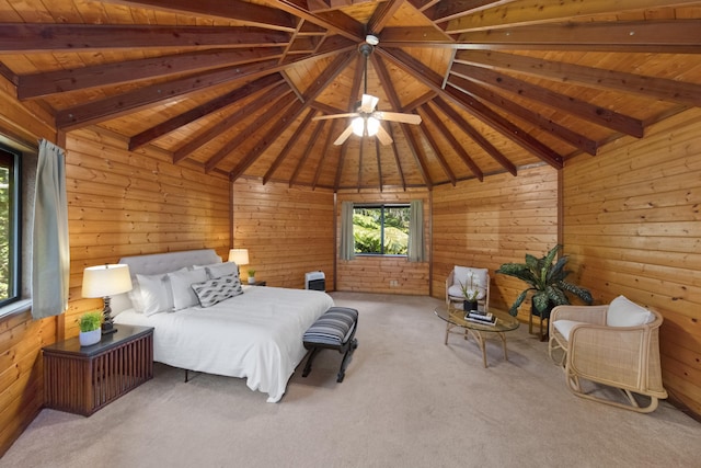 bedroom featuring carpet floors, ceiling fan, wooden ceiling, and lofted ceiling with beams