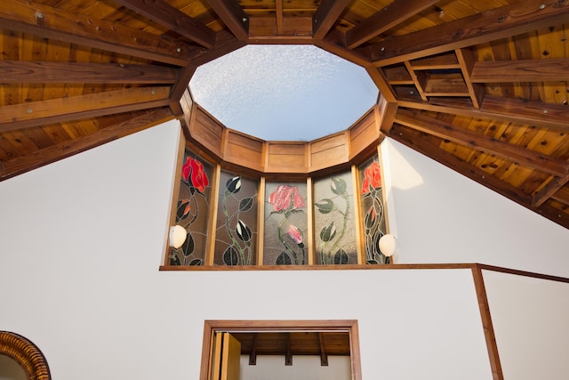 interior details featuring wood ceiling and beamed ceiling