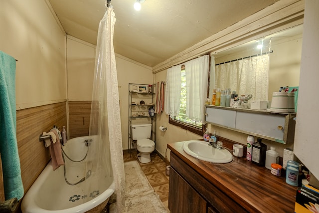 full bathroom featuring vanity, toilet, shower / bathtub combination with curtain, and lofted ceiling